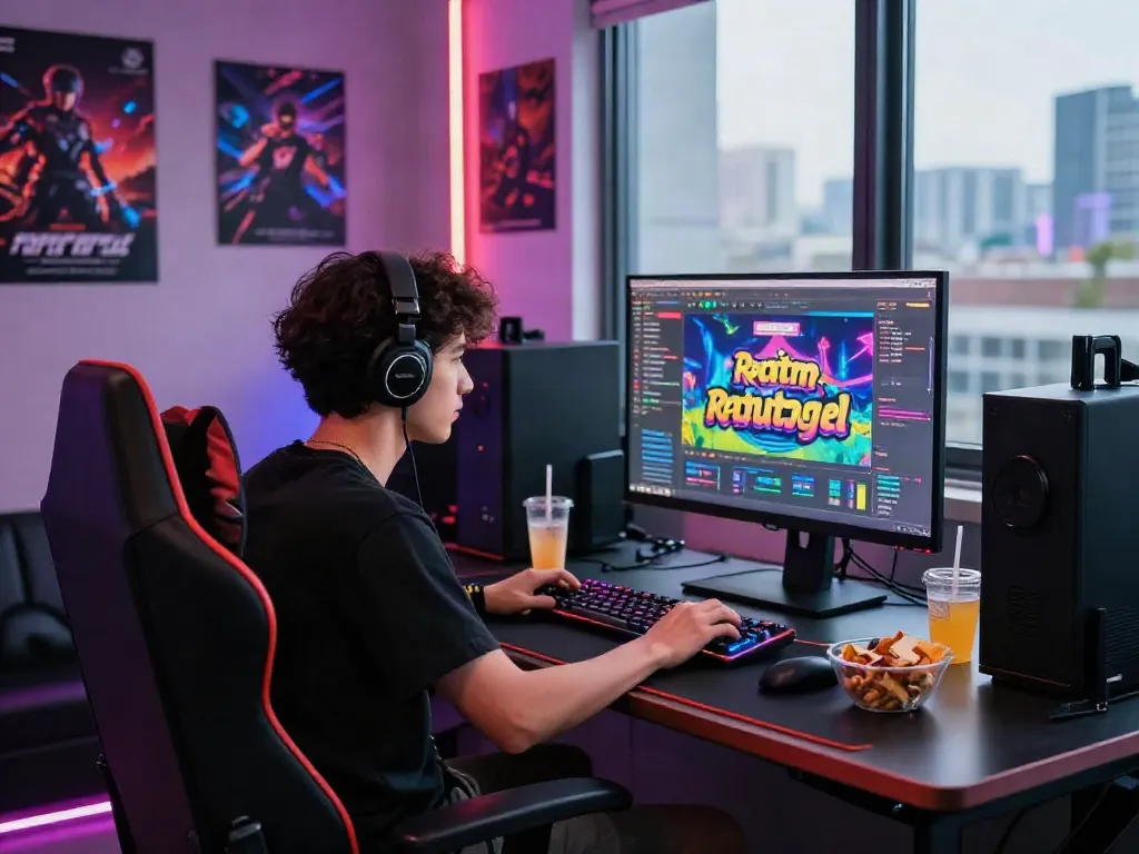 Permainan ratutogel di meja gaming modern dengan suasana kota yang cerah.