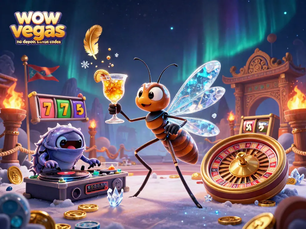 Win big at WOW Vegas with no deposit bonus codes, featured in this vibrant casino scene.