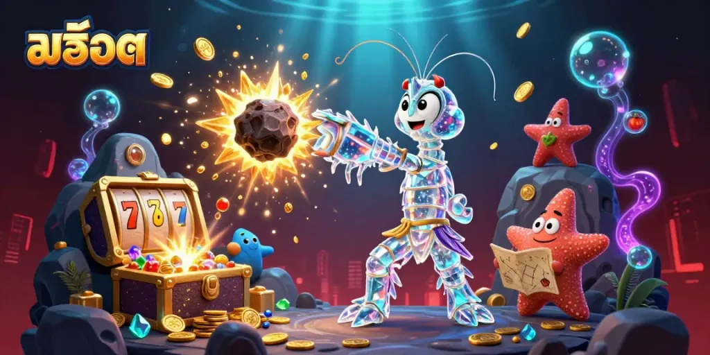 Engage in the action of สล็อต with a galactic samurai mantis shrimp amidst exploding gems and coins.
