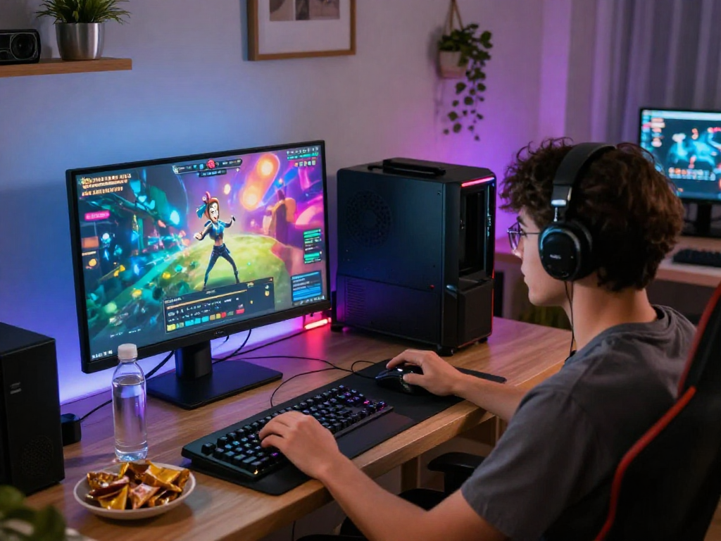 Engaging online gaming experience with a person playing exciting porn games on a vibrant monitor, surrounded by gaming gear.