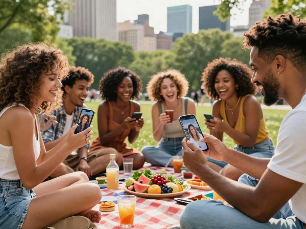Group of friends enjoying celebrity look alike app at park gathering, vibrant urban setting.