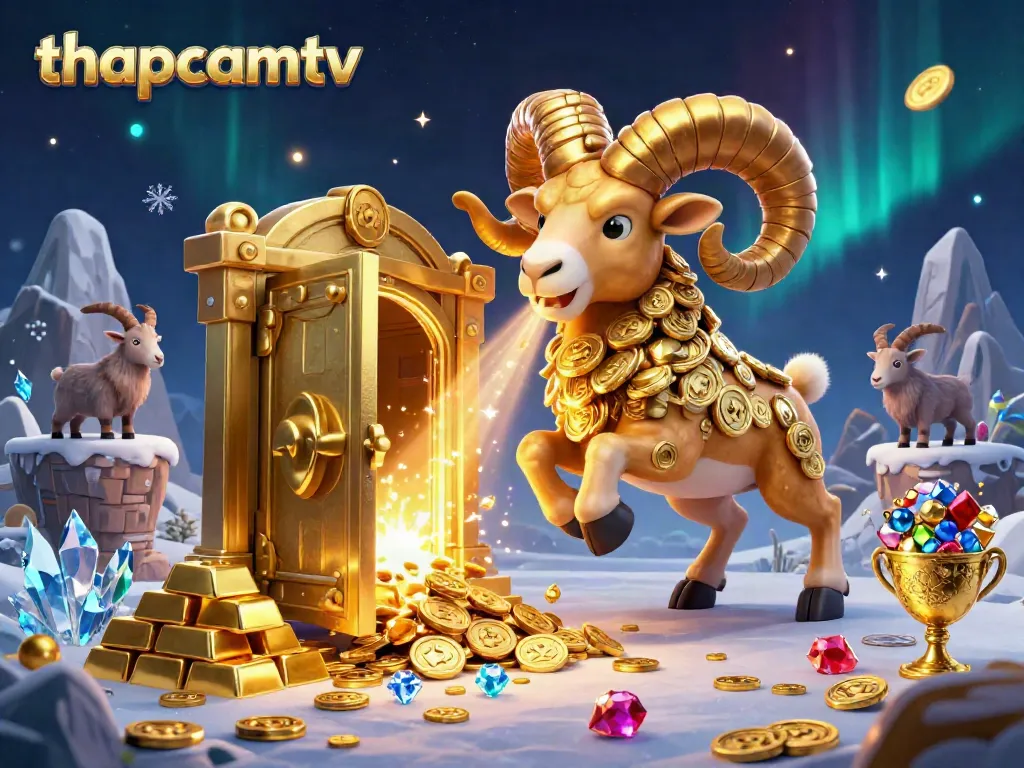 Experience exciting moments with thapcamtv's gold-themed gambling scene, showcasing a golden ram and treasure.