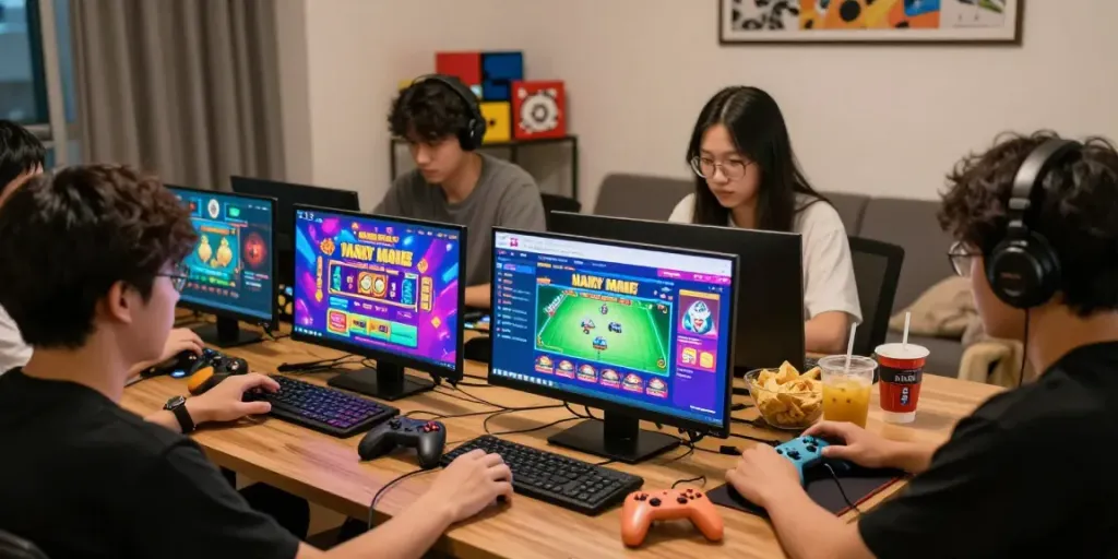 Players immersed in QQMacan online gaming, showcasing social engagement and excitement.