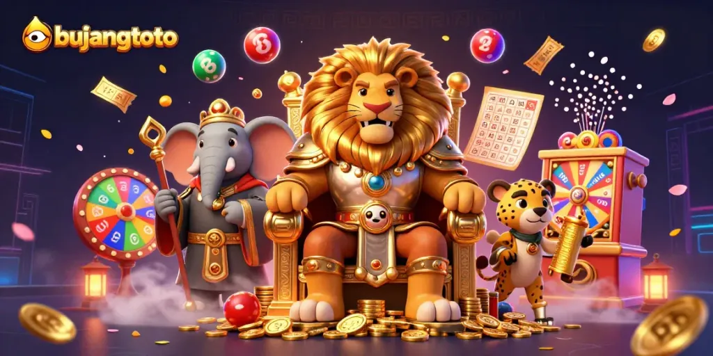 Engage with bujangtoto's exciting lottery games illustrated by a fierce lion king, wise elephant, and cheetah messenger.