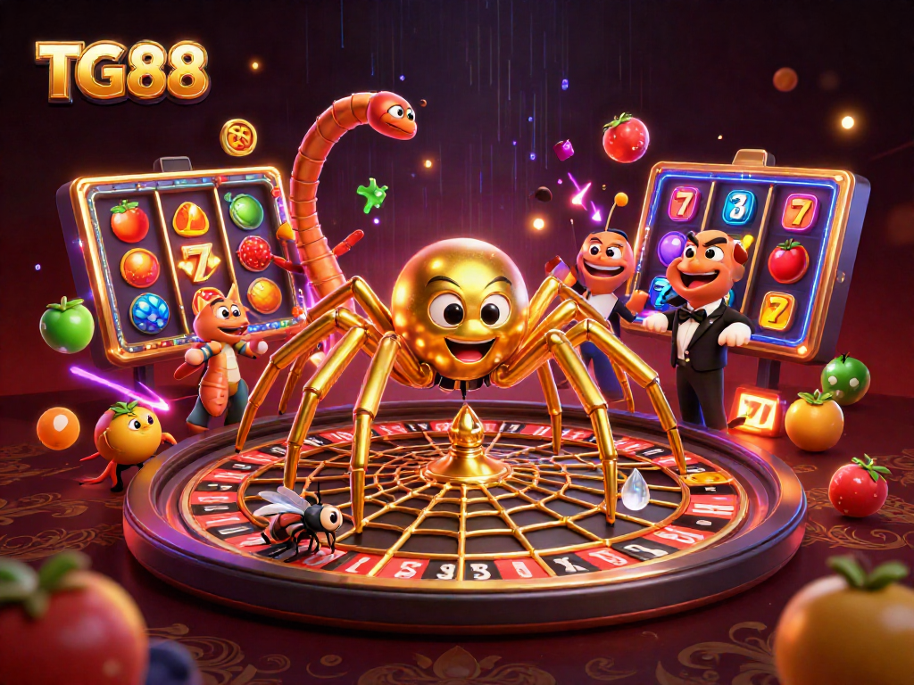 Experience thrilling gameplay with TG88 as a golden spider spins a roulette web amidst dynamic casino elements.