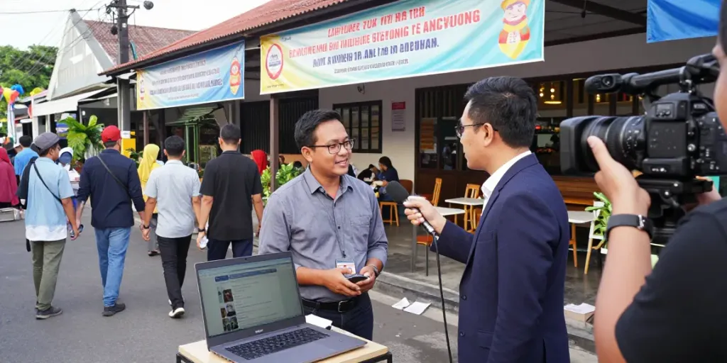 Journalist interviewing local entrepreneur for lornematthews.com about recent developments in Lampung.