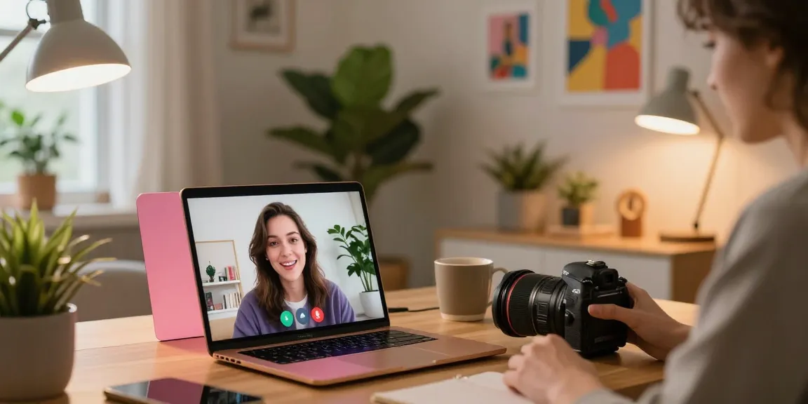 Authentic moment of a user initiating a pink live chat on a laptop, showcasing real-time conversation with warm, inviting home office ambiance.