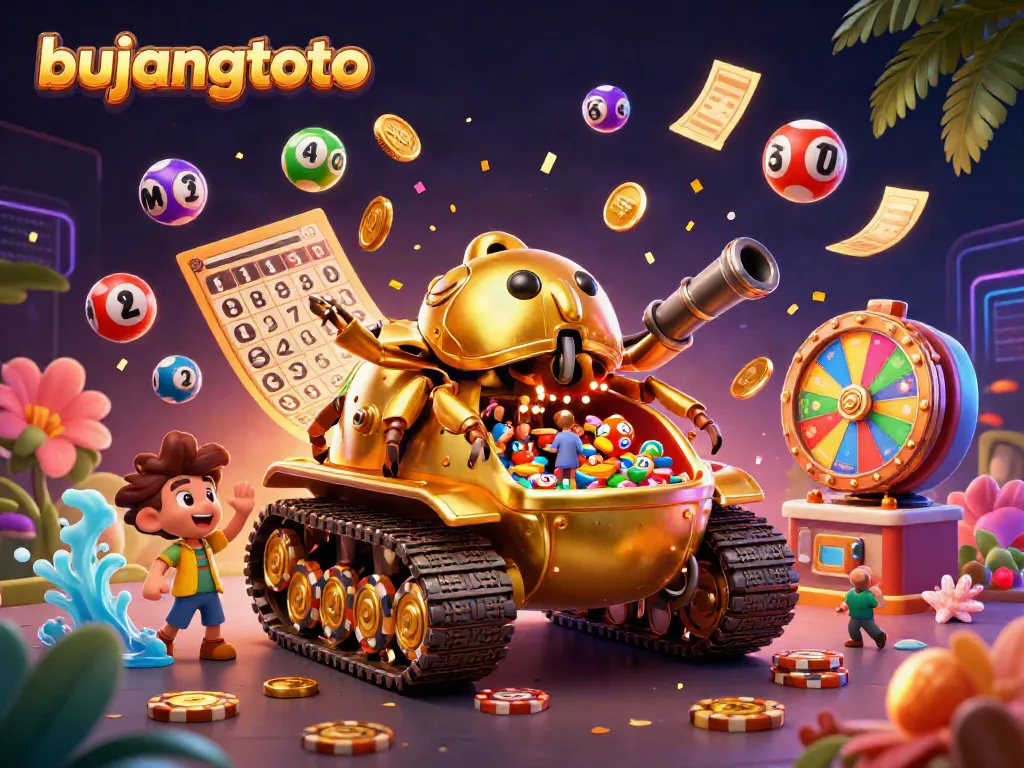 Experience the vibrant action of bujangtoto in a dynamic 3D casino scene, filled with lottery fun.