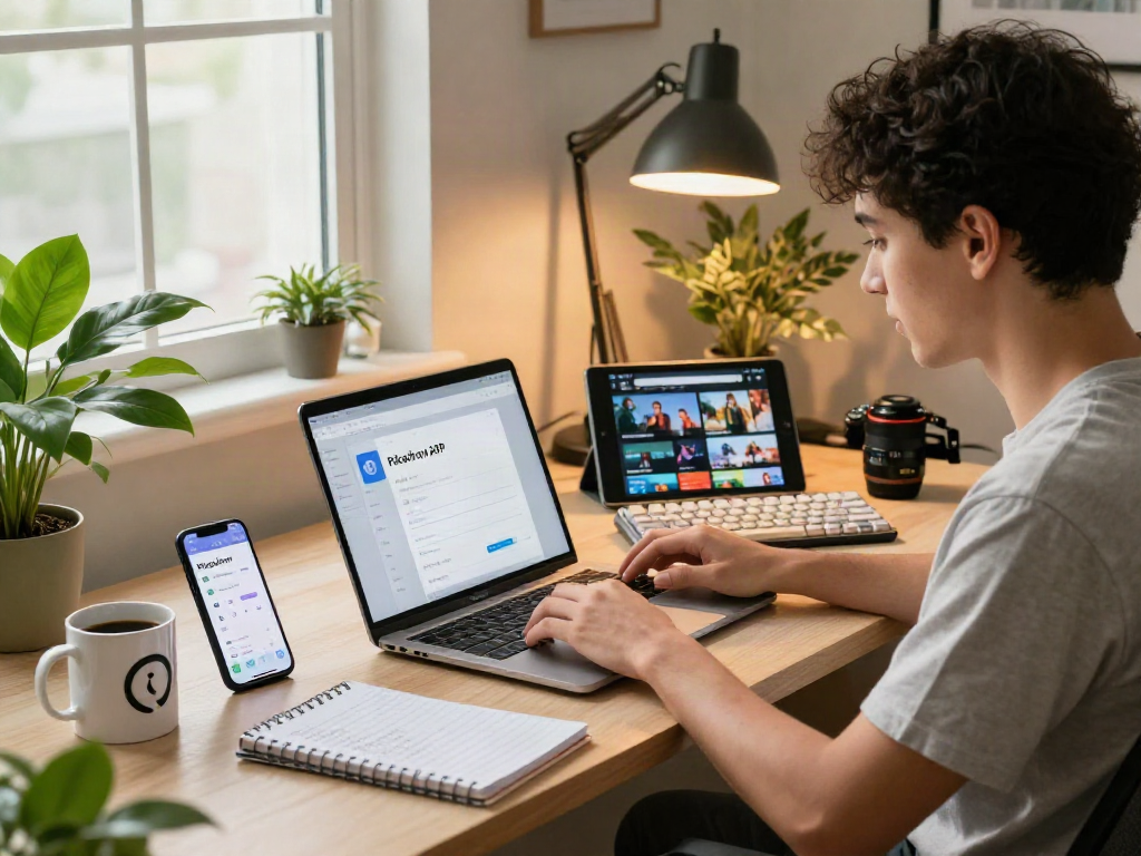 Engaging workspace scene of Pikashow APK download on laptop with tech gadgets.