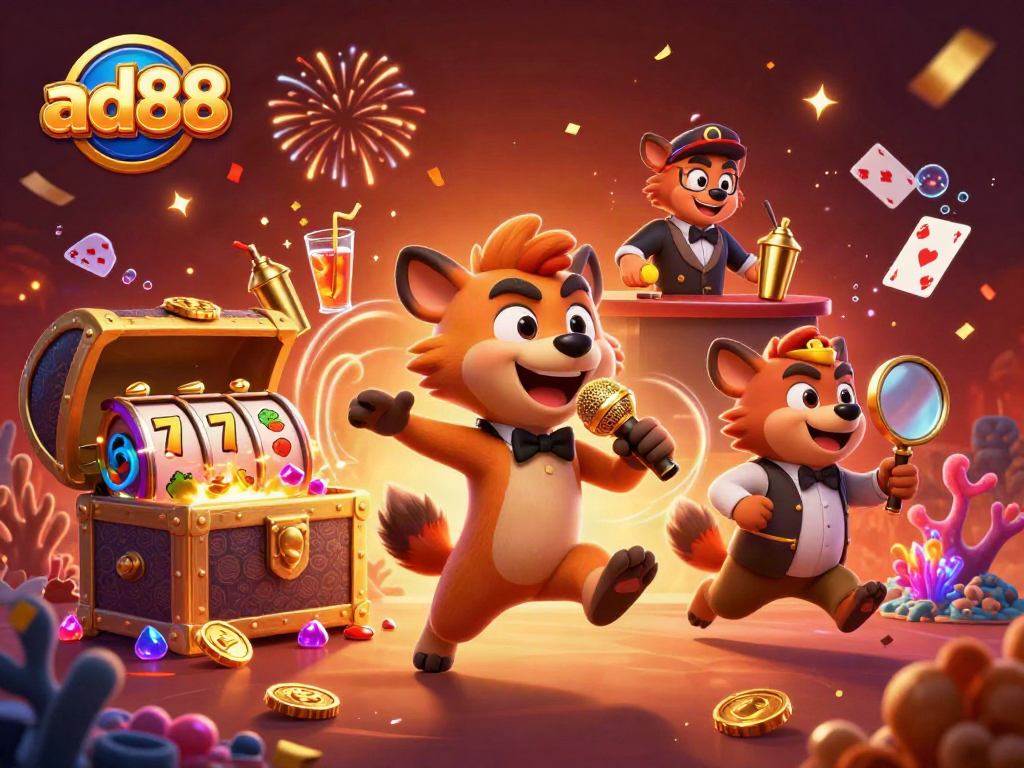 ad88 hyenas run a comedy casino club with gold coins, slot elements, and vibrant lighting.