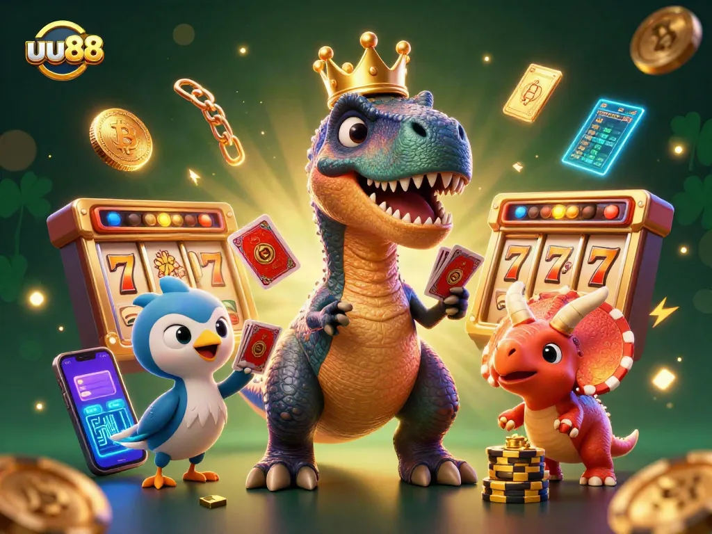 uu88 offers a vibrant casino scene with T-Rex shuffling cards surrounded by jackpot elements.