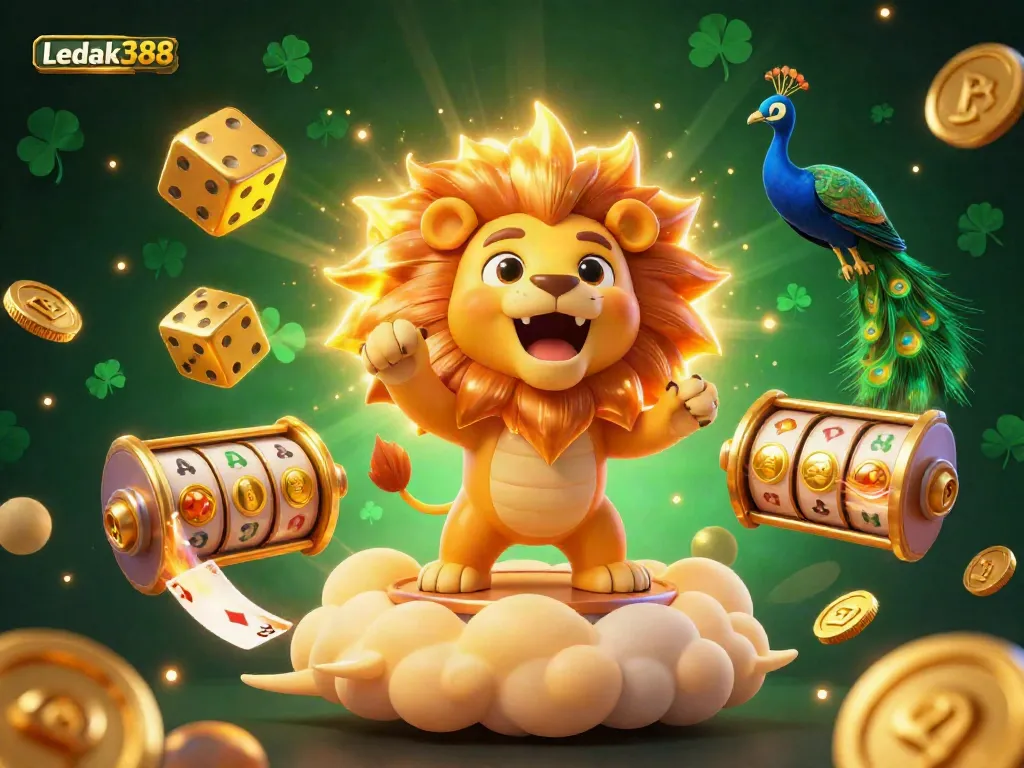 Join the action at Ledak388 with a vibrant 3D illustration showcasing a roaring lion, slot reels, and golden coins in an engaging casino scene.