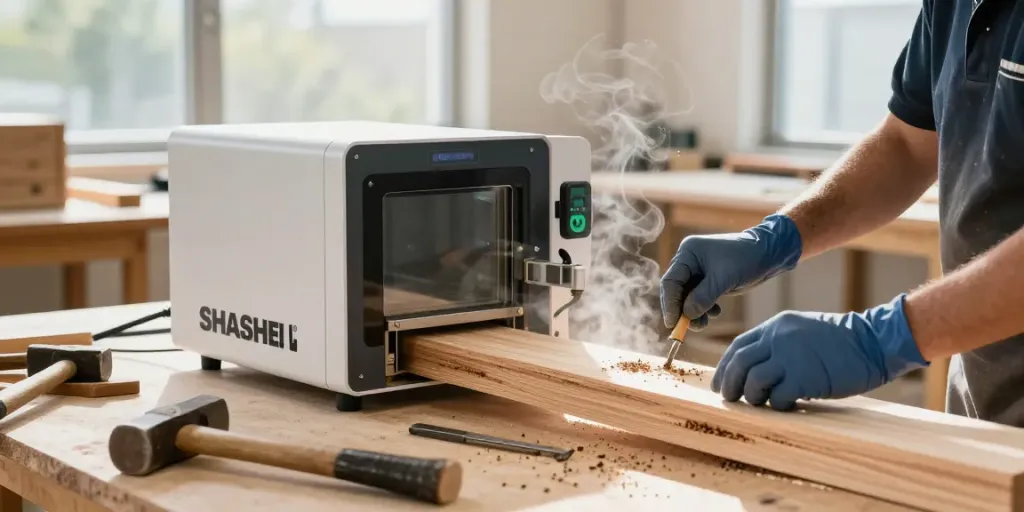 SHASHEL® microwave equipment eliminating wood-boring insects in a professional workshop