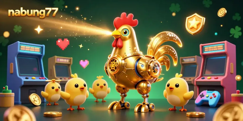 Experience exciting action with nabung77's vibrant 3D illustration of a golden rooster robot battling in a glowing casino game.