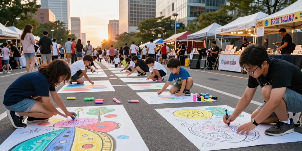 Festival-goers engaging in outdoor coloring activities at freecoloringsheets.net art event with vibrant murals and city skyline.