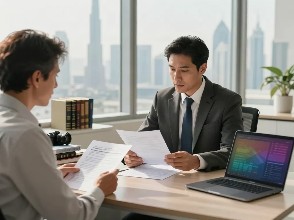 Insurance Lawyer in Dubai consulting with a client in a modern office