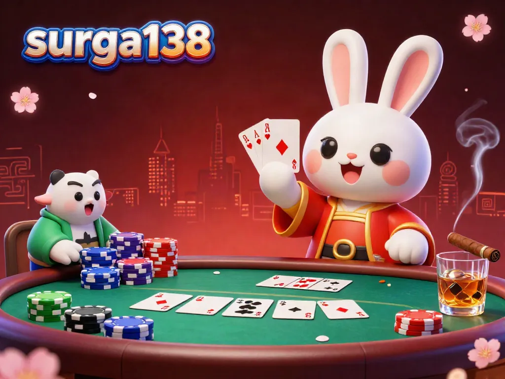 Permainan poker yang seru di surga138 dengan karakter kartun bulan dan tumpukan chip warna-warni.