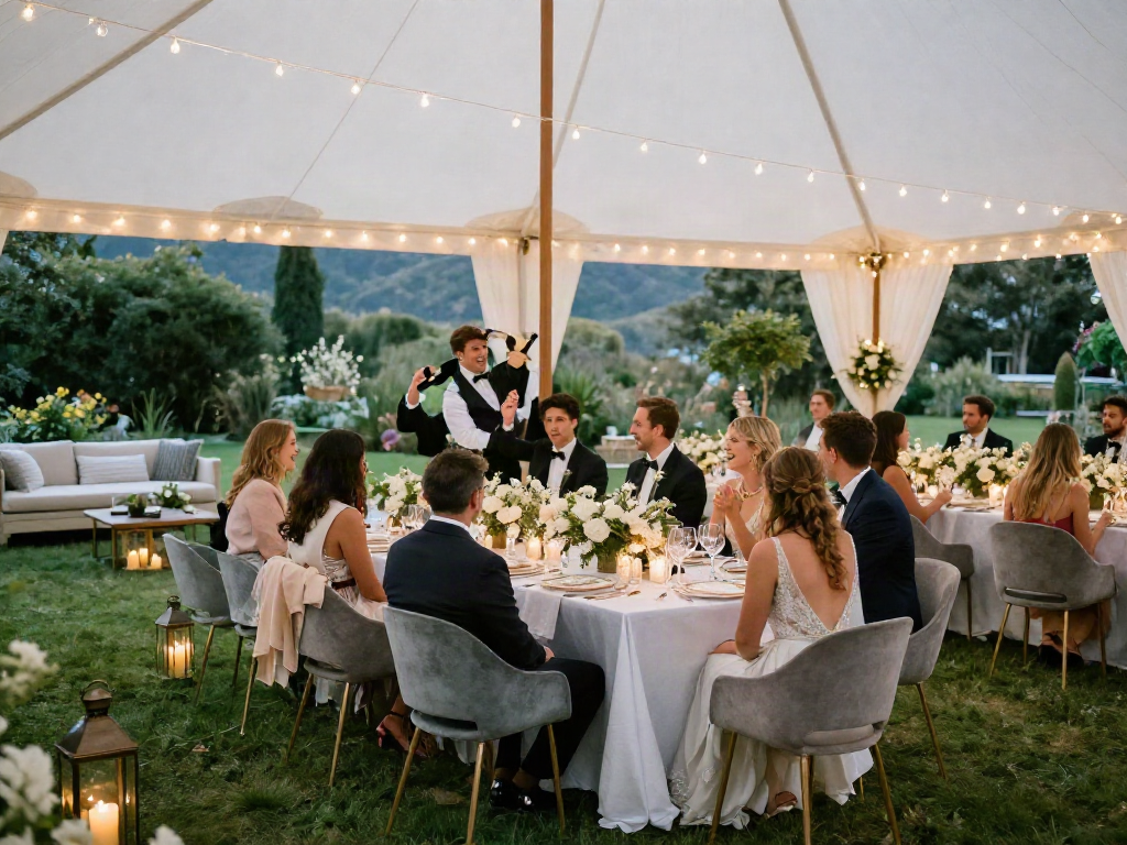 Event furniture rental showcased in a luxurious outdoor wedding reception featuring elegant tables and seating arrangements.