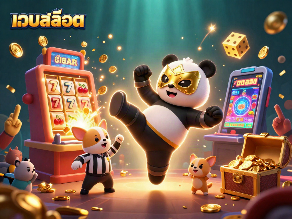 Engage in the action of เว็บสล็อต with a thrilling 3D illustration featuring a panda wrestler and exciting casino elements.