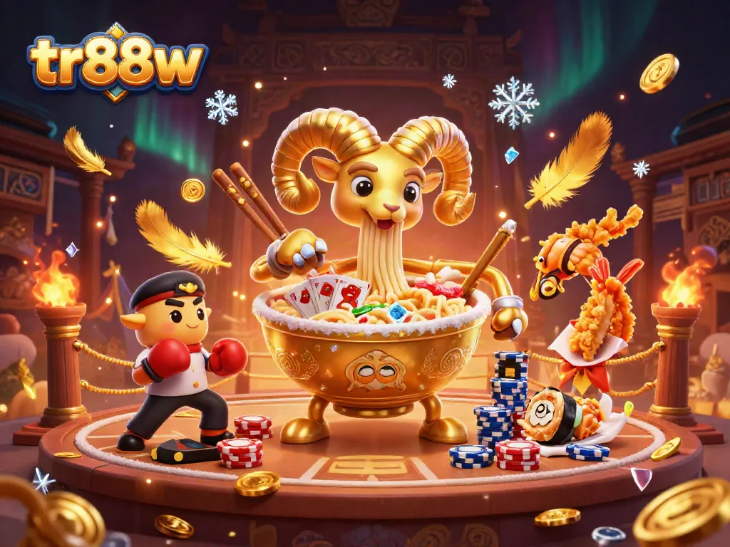 tr88w showcases a vibrant casino scene with a giant ramen bowl dealing cards and chips.