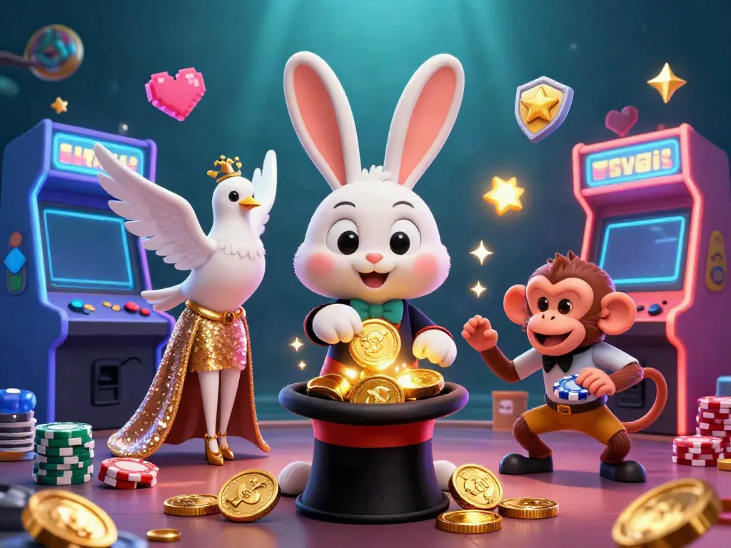 MANTIS88 showcases a vibrant 3D casino scene with a magician rabbit and a monkey illustrating exciting gaming action.