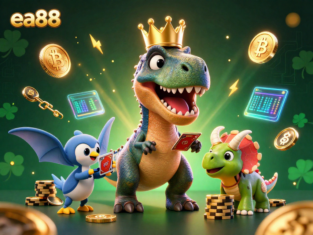 Win big with ea88 at this vibrant card game scene featuring playful dinosaurs stacking chips!