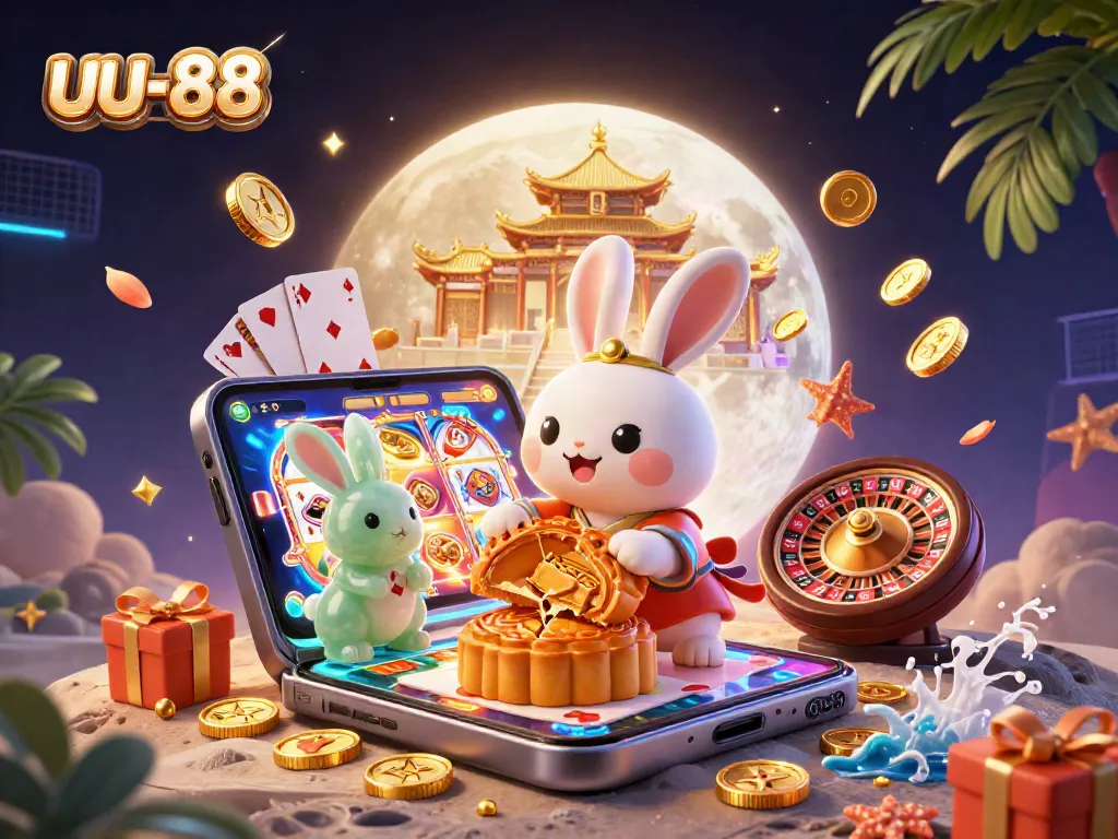 Play exciting casino games with uu-88 as vibrant poker chips emerge from golden mooncakes.
