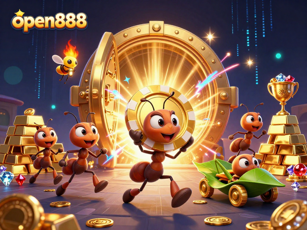 open888 heist illustration featuring animated ants, golden poker chip, and treasure vault elements