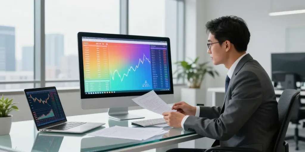 The largest banks in the US analyzed in a modern office setting with financial data on digital screens.