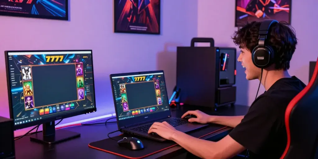 Permainan slot777 yang menyenangkan di meja gaming modern dengan cahaya LED yang cerah.