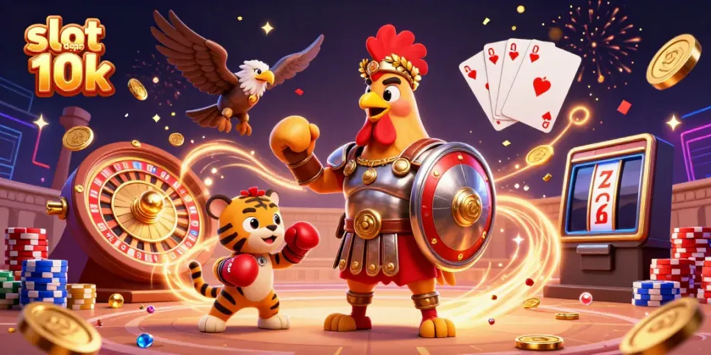 Win big with slot depo 10k featuring vibrant 3D characters amid cascading coins and roulette wheels.