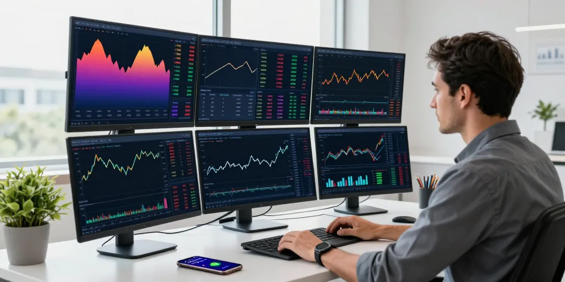 MetaTrader 5 trading environment with a professional analyzing real-time financial data on multiple screens.