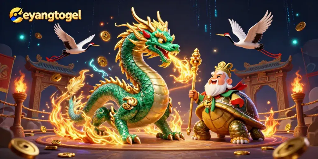 Experience the thrill of eyangtogel with an emerald dragon and lucky cranes in a vivid casino scene.
