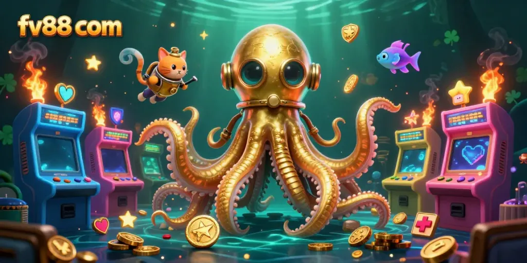 Engage with thrilling experiences at fv88 com with a kraken, diving cat, and vibrant gaming elements.
