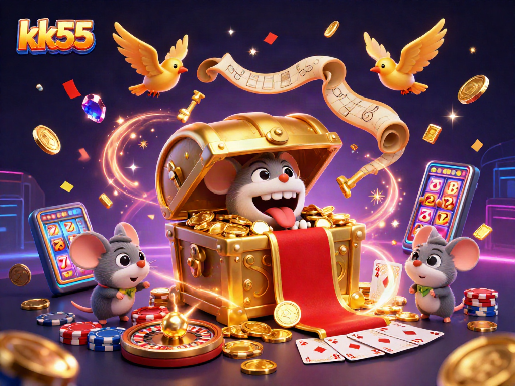 Experience excitement with kk55's vibrant casino adventure showcasing a treasure chest and cascading coins.