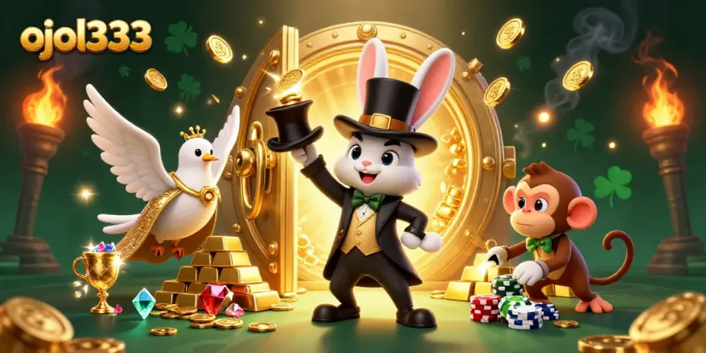 Engage with ojol333's vibrant casino world featuring playful characters and golden riches.