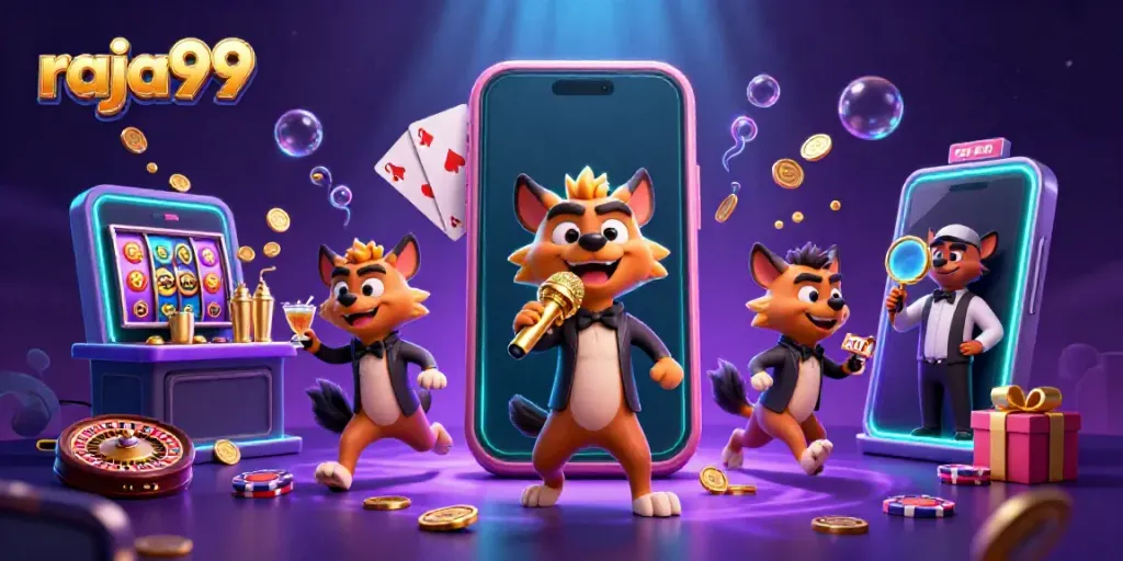 Play exciting casino games with raja99 in this fun scene featuring animated hyenas.