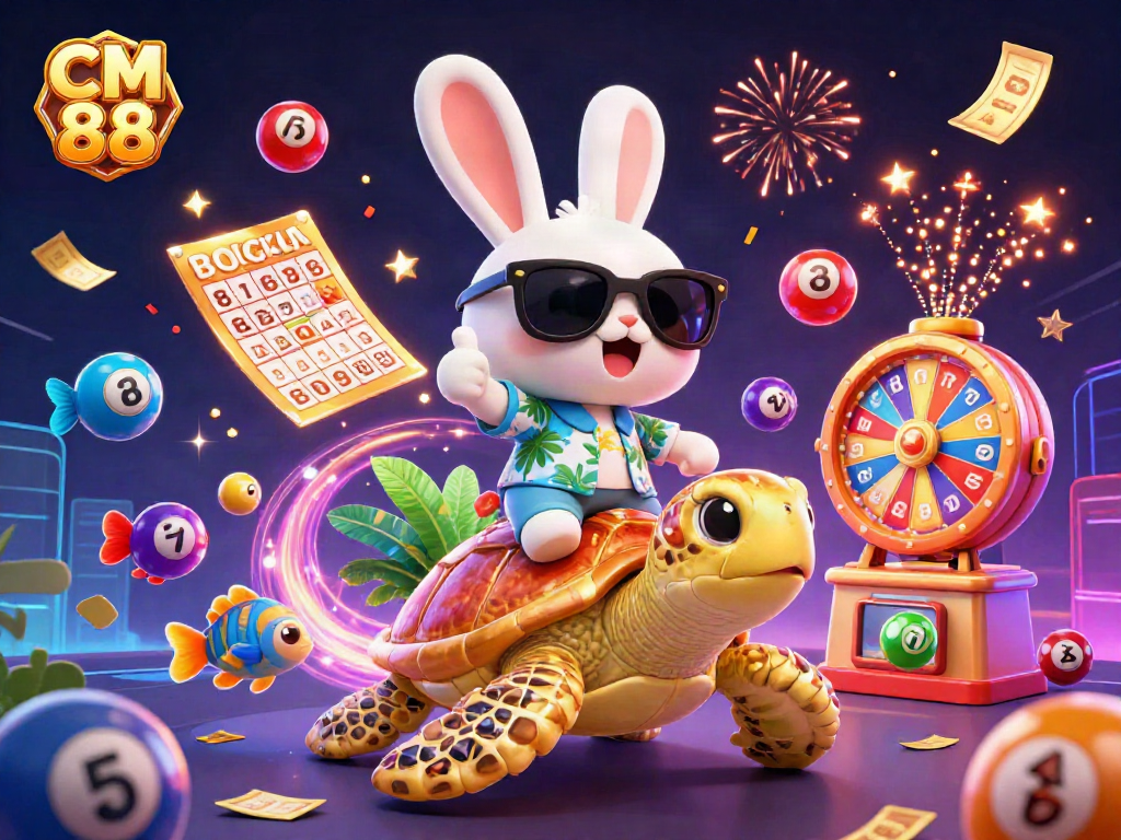 Engaging scene of CM 88 as a vibrant casino illustration featuring playful characters and dynamic gaming elements.