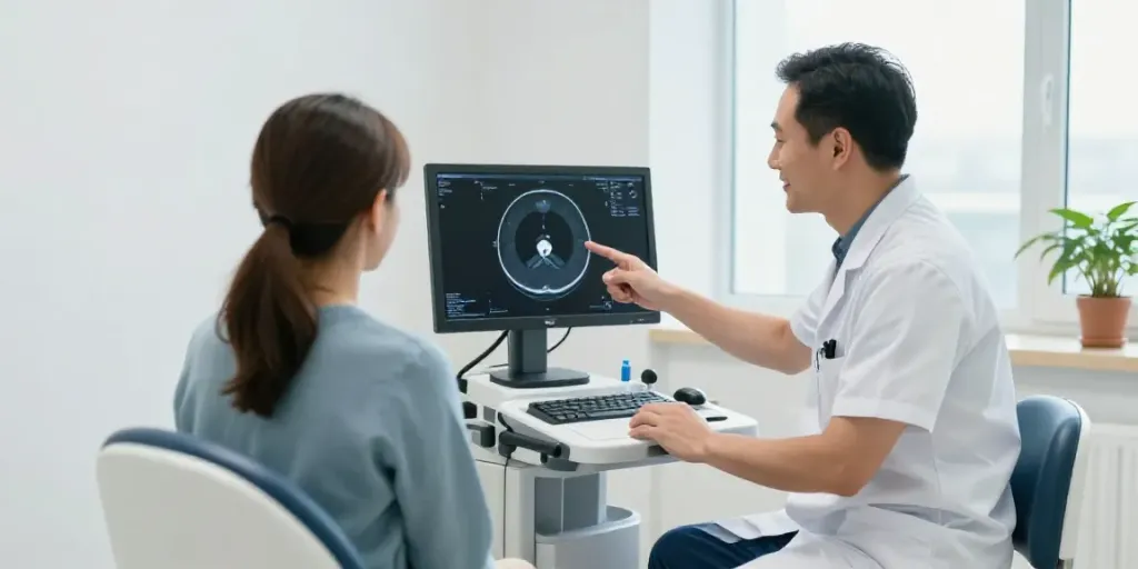 Röntgenreizbestrahlung in der Nähe - freundlicher Radiologe erklärt CT-Scan Ergebnisse in modernem Zentrum