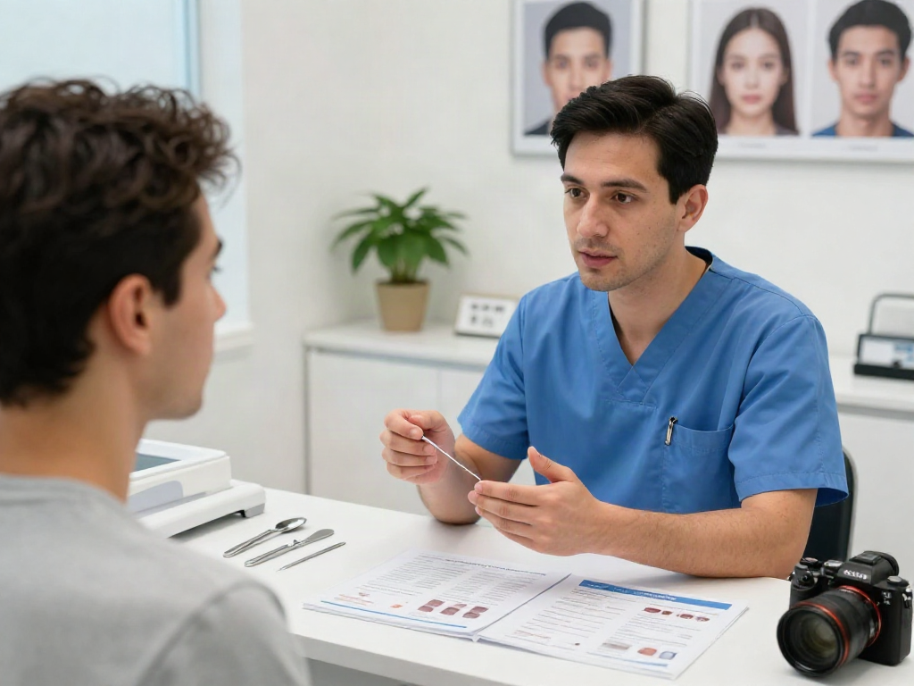 Patient consulting about hair transplant Turkey price with surgeon in modern clinic.