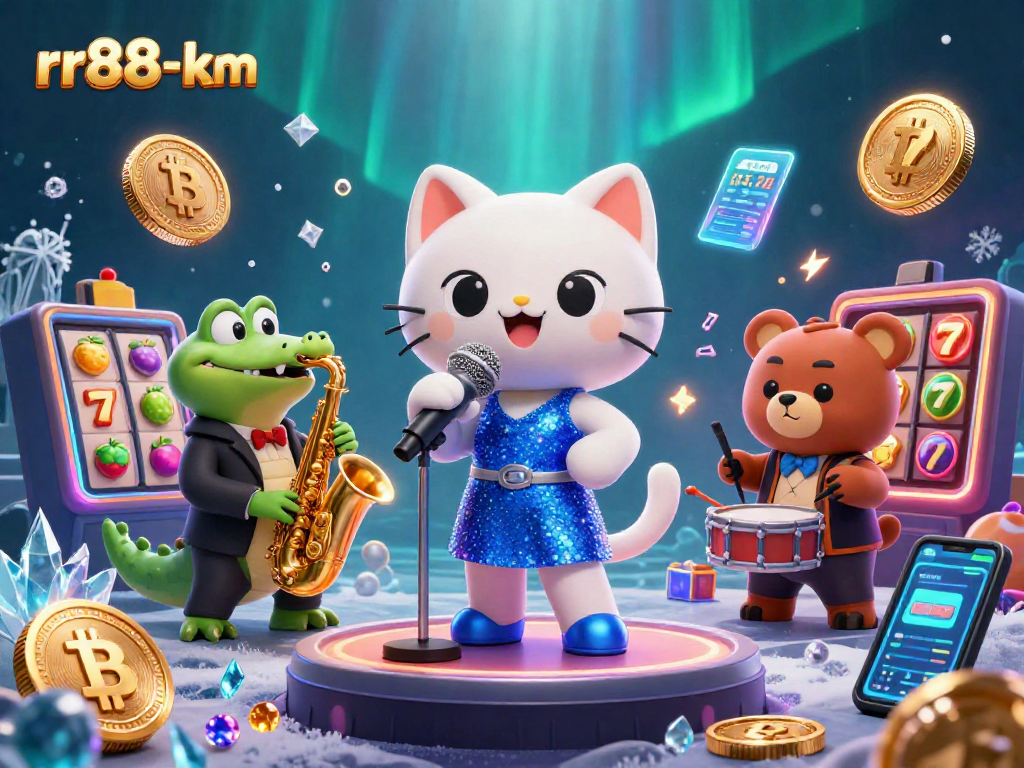 rr88-km showcases vibrant slot reels and captivating characters in a lively casino scene.