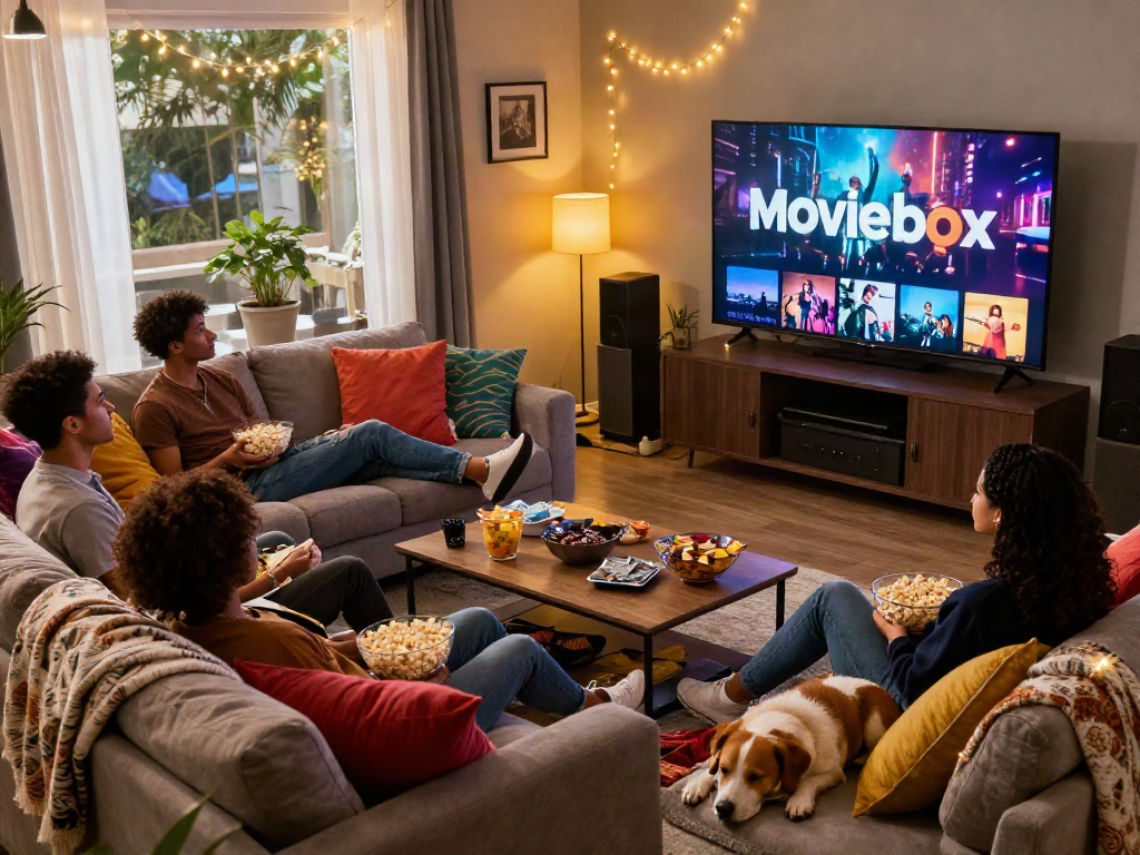 Friends enjoying a movie night with Moviebox streaming in a cozy living room.