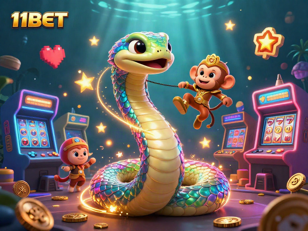 Engage with 11BET in a colorful, vibrant casino-themed 3D scene with lively characters.