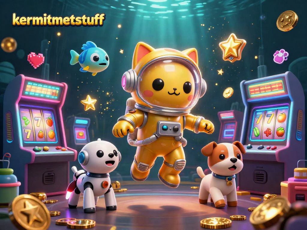 Kermitmentstuff showcases a vibrant 3D casino scene with a space cat and gaming elements.
