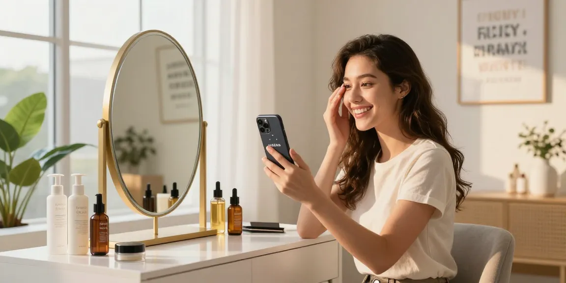 A young woman discovering how old do I look in a beauty studio, using a smartphone app while surrounded by skincare products.