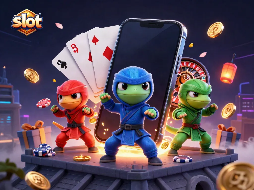 Ninja chameleon bermain slot dengan smartphone, koin emas meledak di sekitar mereka.