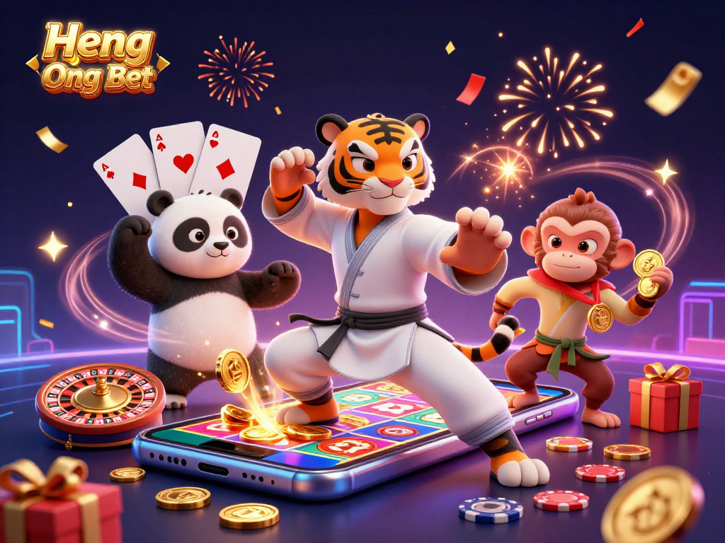 Engage with Heng Ong Bet as a kung fu tiger master takes a crane stance amidst lively gaming elements.
