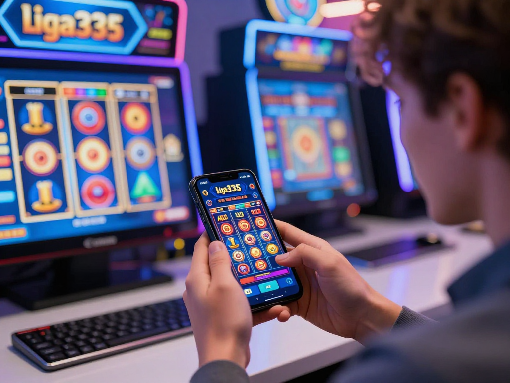 Pengguna liga335 dengan antarmuka aplikasi permainan slot digital di ponsel.