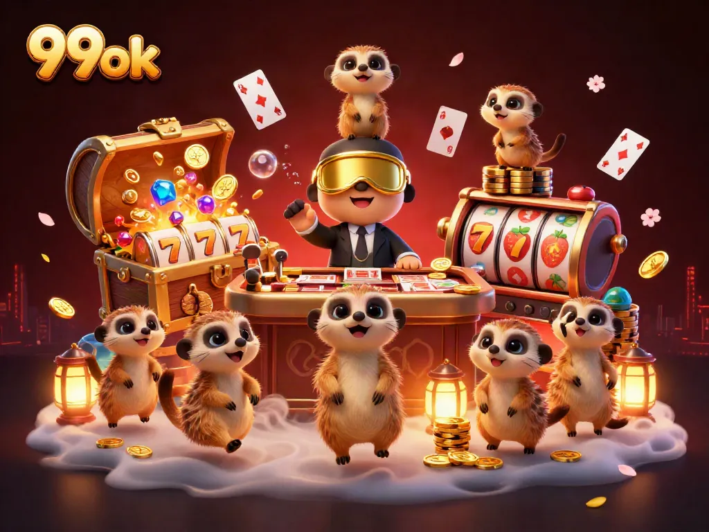 99ok meerkats managing a vibrant casino with colorful gems and dynamic gaming elements