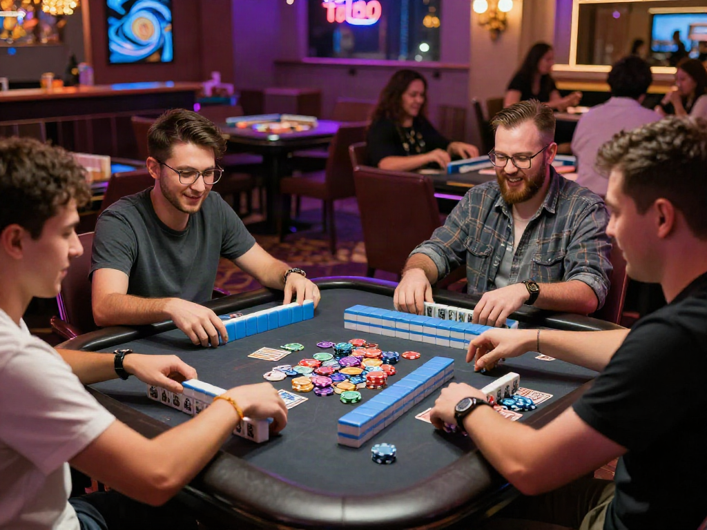 Dynamic gaming scene showcasing Slot Gacor MAHJONGJP88 excitement with players immersed in Mahjong strategy